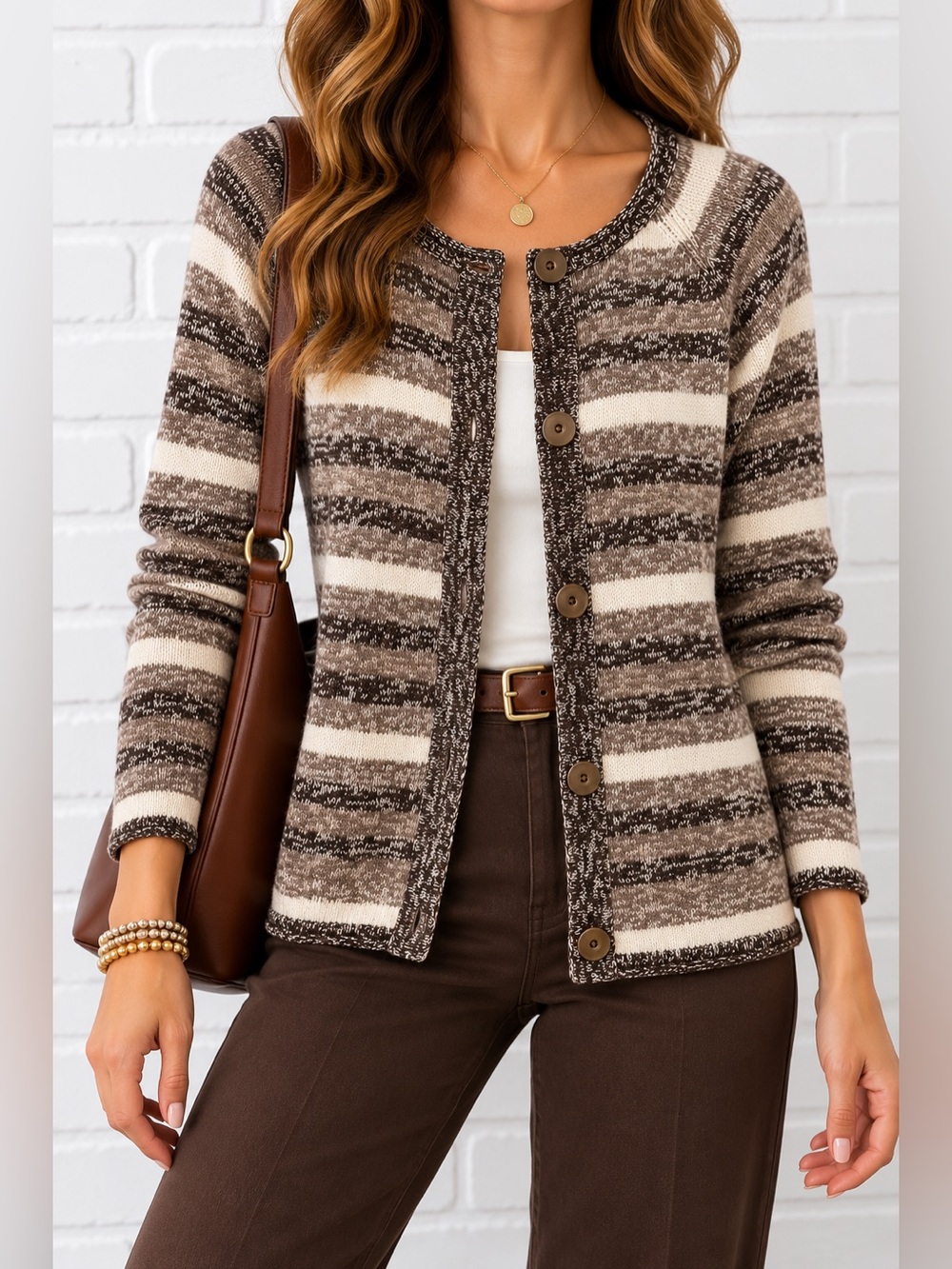 Vintage Y2K Christopher & Banks Brown Striped Knit Cardigan Sweater S